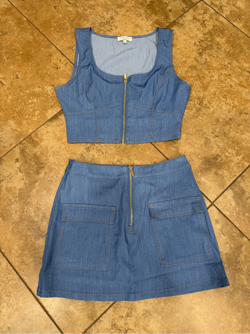 Love Tree Blue Denim Zip-Front Crop Top & Mini Skirt Set